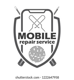Mobile repair service logotype and badge on white background, monochrome style, vector 