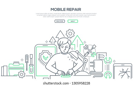 Mobile repair service - modern line design style banner on white background with copy space for text. A composition with a male worker fixing a smartphone, images of different tools, broken screens
