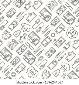 Mobile repair service, phone fix seamless pattern. Smartphone common issues, repair and accessories background. Mobile service thin line logotype and symbols. Electronic equipment, technology