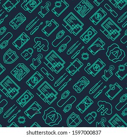 Mobile repair service, phone fix seamless pattern. Smartphone common issues, repair and accessories background. Mobile service thin line logotype and symbols. Electronic equipment, technology