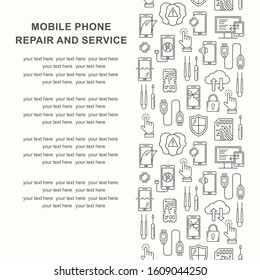 Mobile repair service, phone fix pattern with place for text . Smartphone common issues, repair, accessories background. Mobile service thin line flyer. Electronic equipment, technology