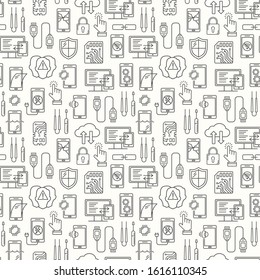 Mobile repair service, phone fix seamless pattern. Smartphone common issues, repair and accessories background. Mobile service thin line logotype and symbols. Electronic equipment, technology