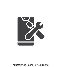Mobile repair service vector icon. filled flat sign for mobile concept and web design. Phone with wrench and screwdriver glyph icon. Symbol, logo illustration. Vector graphics
