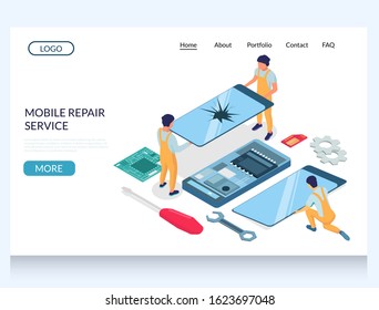 Mobile repair service vector website template, web page and landing page design for website and mobile site development. Isometric technicians changing broken screen.