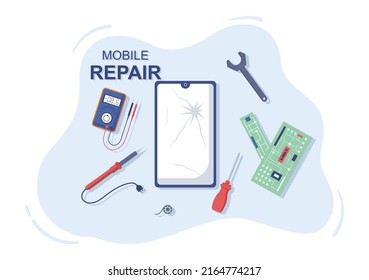 Mobile Reparatur eines Telefon- oder Smartphone-Elektronikdienstes mit zerbrochenem Bildschirm und zerfallener Maschine in einer flachen Cartoon-Illustration