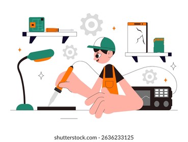 Mobile Repair Vector Illustration Featuring a Telephone or Smartphone Electronic Service with a Broken Screen and Device Malfunction in a Background