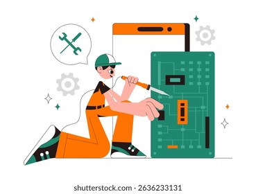 Mobile Repair Vector Illustration Featuring a Telephone or Smartphone Electronic Service with a Broken Screen and Device Malfunction in a Background