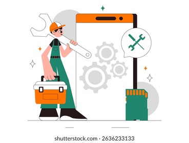 Mobile Repair Vector Illustration Featuring a Telephone or Smartphone Electronic Service with a Broken Screen and Device Malfunction in a Background