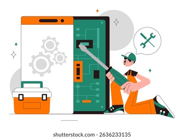 Mobile Repair Vector Illustration Featuring a Telephone or Smartphone Electronic Service with a Broken Screen and Device Malfunction in a Background
