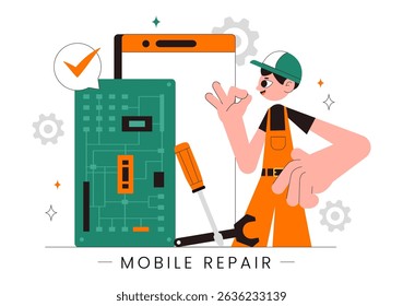 Mobile Repair Vector Illustration Featuring a Telephone or Smartphone Electronic Service with a Broken Screen and Device Malfunction in a Background