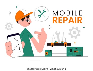 Mobile Repair Vector Illustration Featuring a Telephone or Smartphone Electronic Service with a Broken Screen and Device Malfunction in a Background