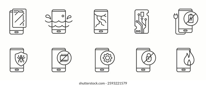 Mobile repairing Item line Icon Set . technician, art, cell phone, screen, battery, display, . Vector Illustration