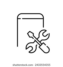 Mobile repairs service. Smartphone and tools. Screwdriver and wrench. Pixel perfect vector icon