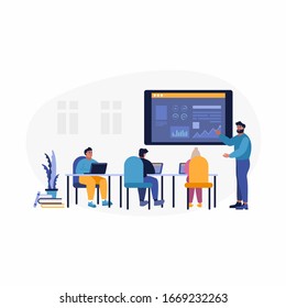 Mobile report analysis tool app flat business concept web vector illustration. Business people studying graphic charts. People sitting at tables with laptops. Big screen with charts.