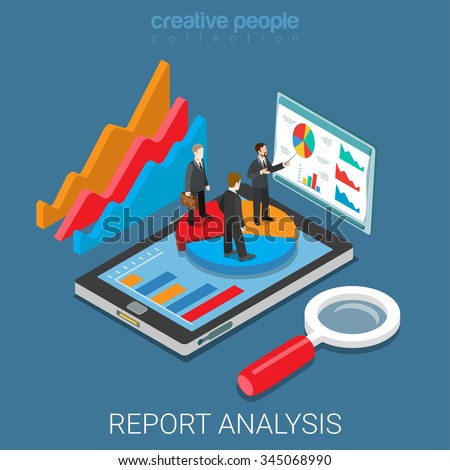 Mobile report analysis tool app flat 3d isometry isometric business concept web vector illustration. Businessmen standing on pie graphic tablet. Creative people collection.