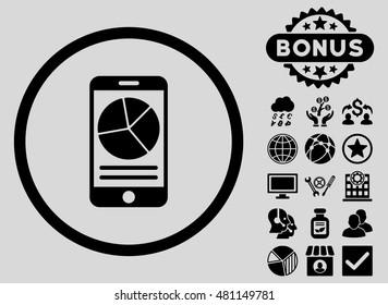 Mobile Report icon with bonus. Vector illustration style is flat iconic symbols, black color, light gray background.