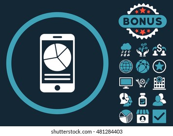 Mobile Report icon with bonus. Vector illustration style is flat iconic bicolor symbols, blue and white colors, dark blue background.