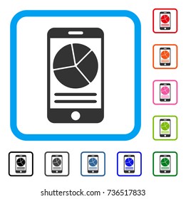 Mobile Report icon. Flat gray iconic symbol inside a light blue rounded rectangular frame. Black, gray, green, blue, red, orange color additional versions of Mobile Report vector.