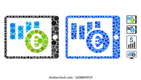 Mobile report mosaic of filled circles in variable sizes and color tones, based on mobile report icon. Vector filled circles are organized into blue composition.
