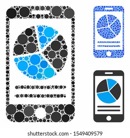 Mobile report mosaic of spheric dots in various sizes and color tones, based on mobile report icon. Vector dots are composed into blue mosaic. Dotted mobile report icon in usual and blue versions.