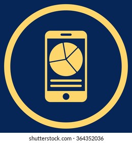 Mobile Report vector icon. Style is flat circled symbol, yellow color, rounded angles, blue background.