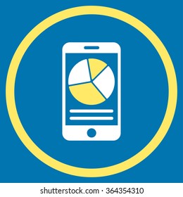Mobile Report vector icon. Style is bicolor flat circled symbol, yellow and white colors, rounded angles, blue background.
