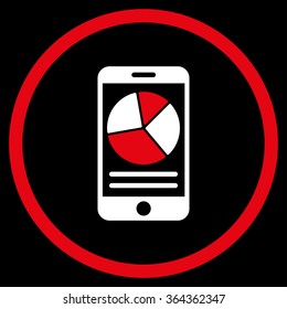 Mobile Report vector icon. Style is bicolor flat circled symbol, red and white colors, rounded angles, black background.