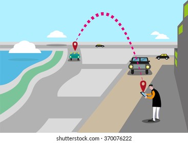 Mobile Request Car Service called Ridesharing or Ridesourcing concept. Man uses touchscreen device to get a taxicab or a ride home. Editable Clip Art. 