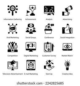 Mobile Research, Questionnaire, Video Marketing, Contract, Social Media, Planing, E-commerce, Remarketing, Default, News  Events, Copywriting, Case Study, Glyph Icons - Solid, Vectors