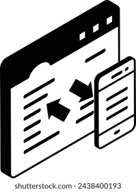 mobile responsive conversion isometric concept, cellphone friendly web page vector outline icon, Webdesign and Development symbol, user interface graphic sign, website engineering stock illustration
