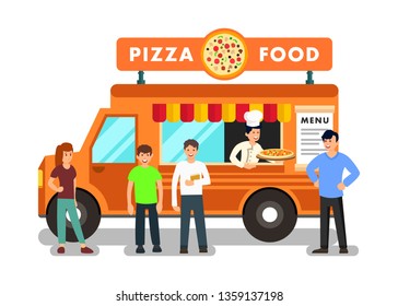 Mobile Restaurant Cartoon Vector Illustration. Italian Pizzaiolo in Food Truck. People Buying Food in Mobile Cafe. Cheerful Clients Waiting for Pizza Order. Customers Flat Characters near Orange Van