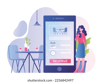 Mobile restaurant reservation. Modern technologies and digital world, special programs, software and applications. Young girl booking table. Romantic date in cafe. Cartoon flat vector illustration