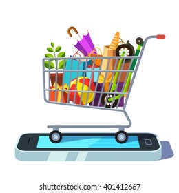 Mobile Retail And Ecommerce Concept. Shopping Cart Full Of Goods Standing On Smartphone. Flat Style Vector Illustration.