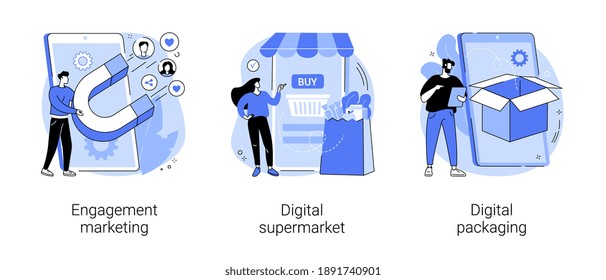 Mobile Retail Shopping Abstract Concept Vector Illustration Set. Engagement Marketing, Digital Supermarket And Packaging, Online Commerce, Smm Strategy, Online Payment, AR Labels Abstract Metaphor.