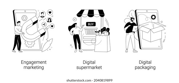 Mobile retail shopping abstract concept vector illustration set. Engagement marketing, digital supermarket and packaging, online commerce, smm strategy, online payment, AR labels abstract metaphor.