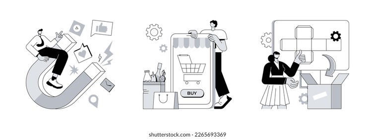Mobile retail shopping abstract concept vector illustration set. Engagement marketing, digital supermarket and packaging, online commerce, smm strategy, online payment, AR labels abstract metaphor.