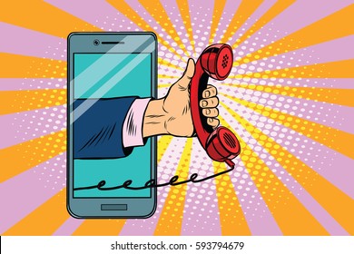 mobile retro handset, modern smartphone. Pop art retro vector illustration