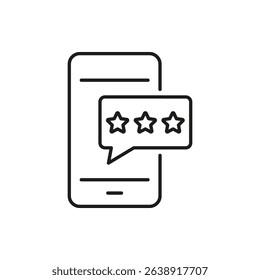 Mobile Review Rating Line Icon. Customer Feedback And Online Rating System Outline Symbol. User Experience And Satisfaction Evaluation. Editable Stroke. Isolated Vector Illustration.