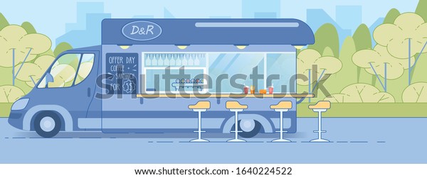 Mobile Road Cafe or Restaurant on Wheels\
Truck or Van. Fast Food Trailer with Counter and Chairs on\
Landscape Background. Public Catering and Horeca Services. Flat\
Cartoon Vector\
Illustration.