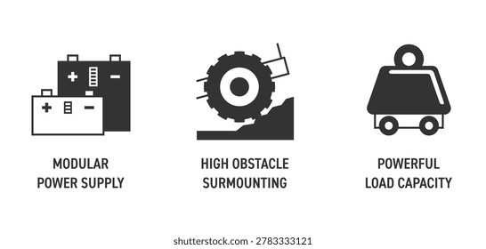 Mobile robotic platform features monochrome icons set - High obstacle surmounting, Powerful capacity, Modular power supply. Pictograms for labeling