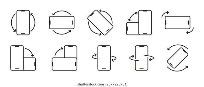 Mobile rotate line icon set. Rotation, left side, right side rotation, flip, rotate smartphone outline icon set. Turn your device, and rotate your smartphone vector and transparent background