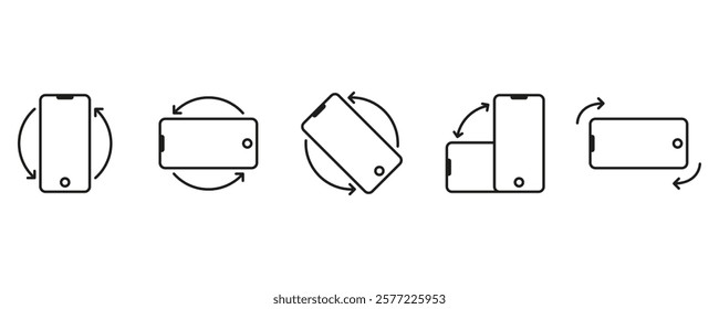 Mobile rotate line icon set. Rotation, left side, right side rotation, flip, rotate smartphone outline icon set. Turn your device, and rotate your smartphone vector and transparent background