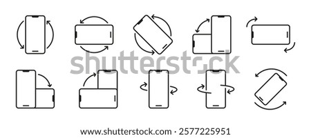 Mobile rotate line icon set. Rotation, left side, right side rotation, flip, rotate smartphone outline icon set. Turn your device, and rotate your smartphone vector and transparent background