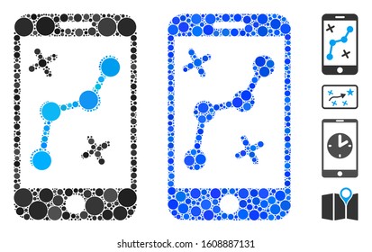Mobile route map mosaic of small circles in variable sizes and shades, based on mobile route map icon. Vector small circles are organized into blue illustration.