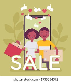 Mobile sale, e-commerce smartphone application. Black people, happy consumers using phones to shop, holding bags, purchase box, service for buying via device. Vector flat style cartoon illustration