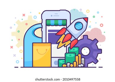 Mobile sale store launching application vector. Internet shop phone app development business process, marketplace electronic commerce. Launch rocket, smartphone device and shopping bag