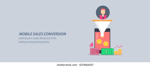 Mobile sales conversion, digital marketing on mobile, Sales funnel flat vector concept