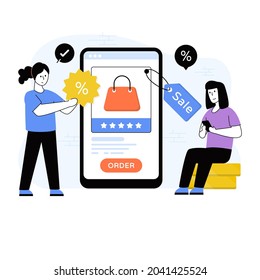 Mobile sales flat illustration, purchase over internet 