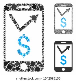 Mobile sales report composition of humpy elements in variable sizes and color tones, based on mobile sales report icon. Vector humpy elements are organized into collage.