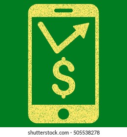 Mobile Sales Report grainy textured icon for overlay watermark stamps. Flat symbol with dust texture. Dotted vector yellow ink rubber seal stamp with grunge design on a green background.
